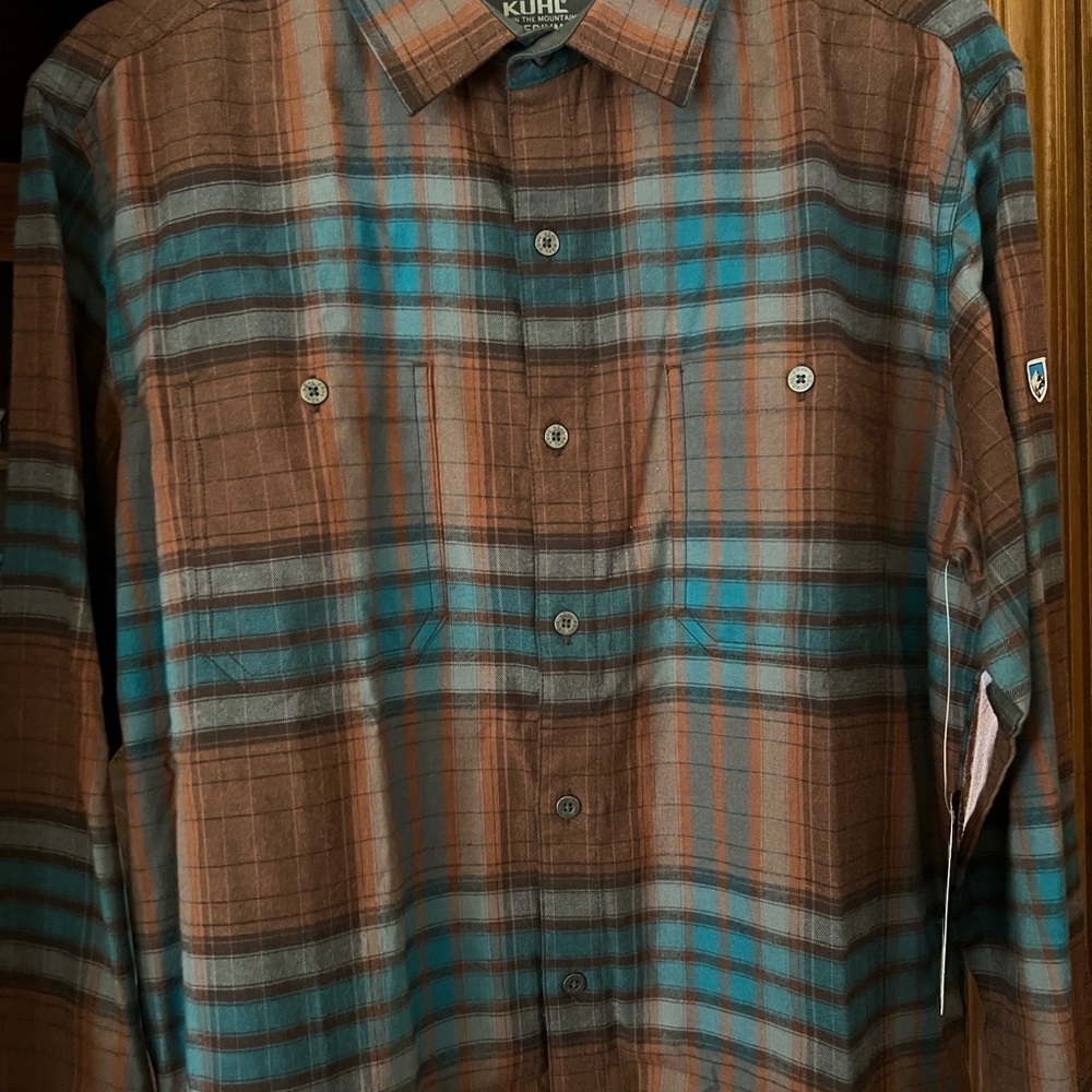 Kuhl Men's Teal and Brown Plaid Shirt fugitive medium NWT..